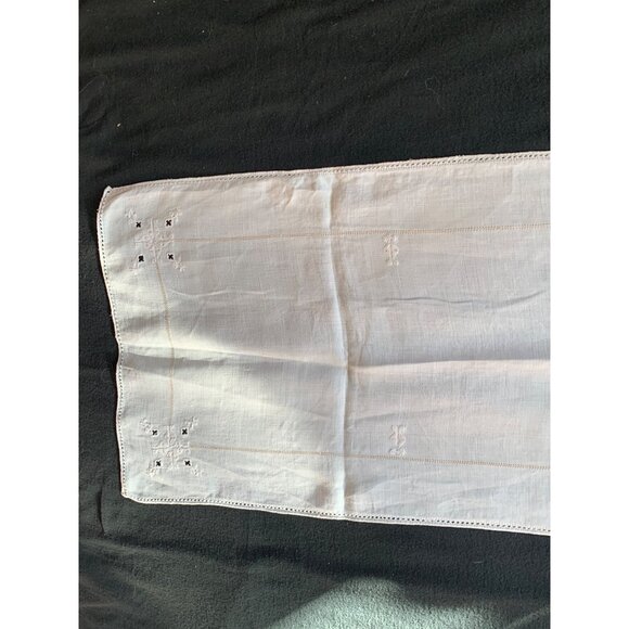 Vintage White Linen Table Runner with Embroidered Floral Details 15x48 - Picture 3 of 10